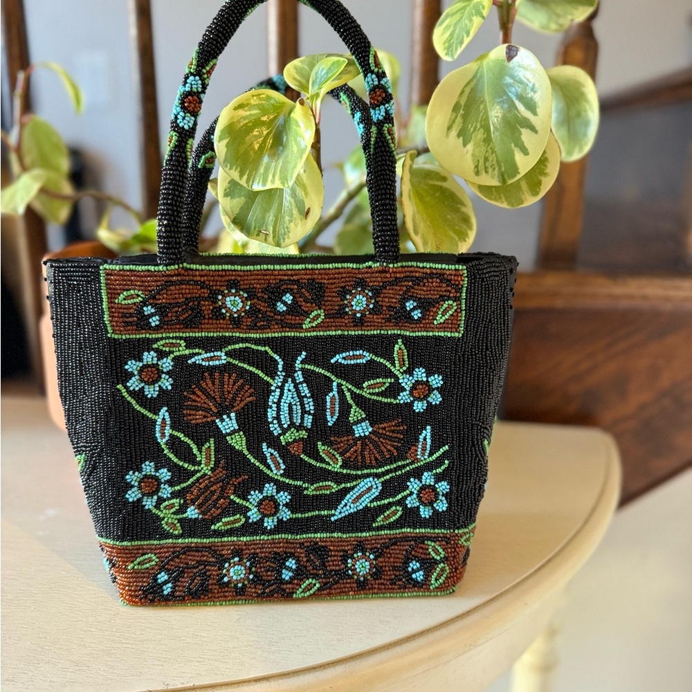 Handcrafted Beaded Black Tote Bag